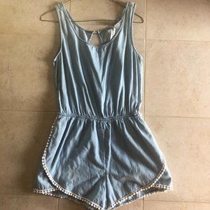 Chambray Jean Short Romper with Lace Macrame Trim